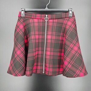 Hot Topic Pink Black Plaid Skater Skirt Front O-Ring Zip‎ Mini Skirt Womens Med